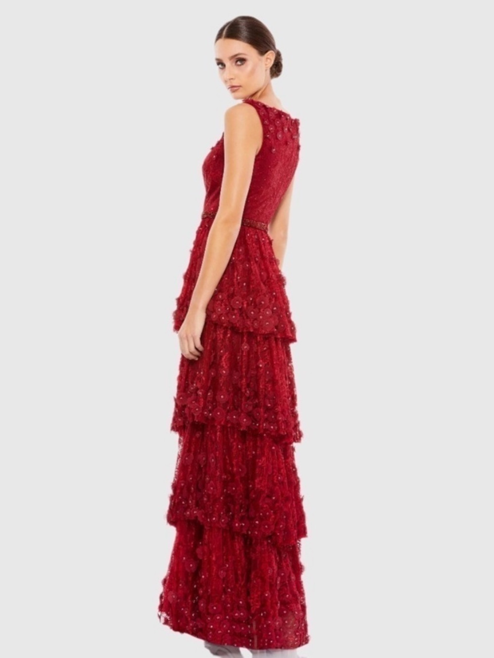 Mac Duggal 67710 Floral Applique Ruffled Tiered V Neck Gown Size 16 NWT - Picture 5 of 12